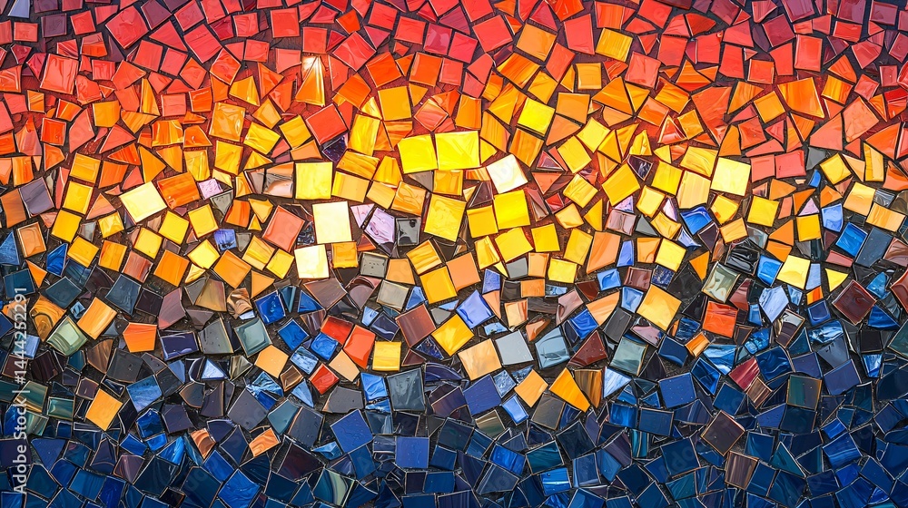 Poster a bold mosaic wall with a red background showcasing irregular patterns and designs under cinematic l