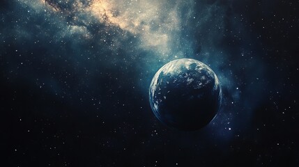 Naklejka premium Stunning blue planet in deep space nebula cosmic background stars sky art dark night photo image
