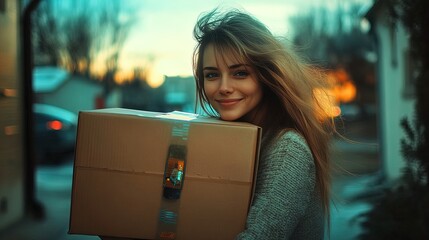 unboxing excitement: a woman reveals tech gadgets from her cyber monday spree – perfect as a poster for your modern home or office decor!