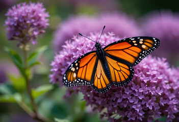 A Monarch Butterfly With Orange And Black Wings Is Perched On A Cluster Of Purple Flowers, insect pollination, wildlife photography