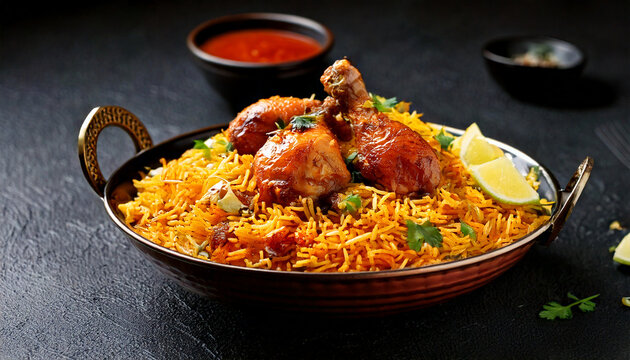 Famous Hydrabadi chicken dum biryani with chicken pieces on the topic served in a plate served with onion raitha closeup with selective focus and blur