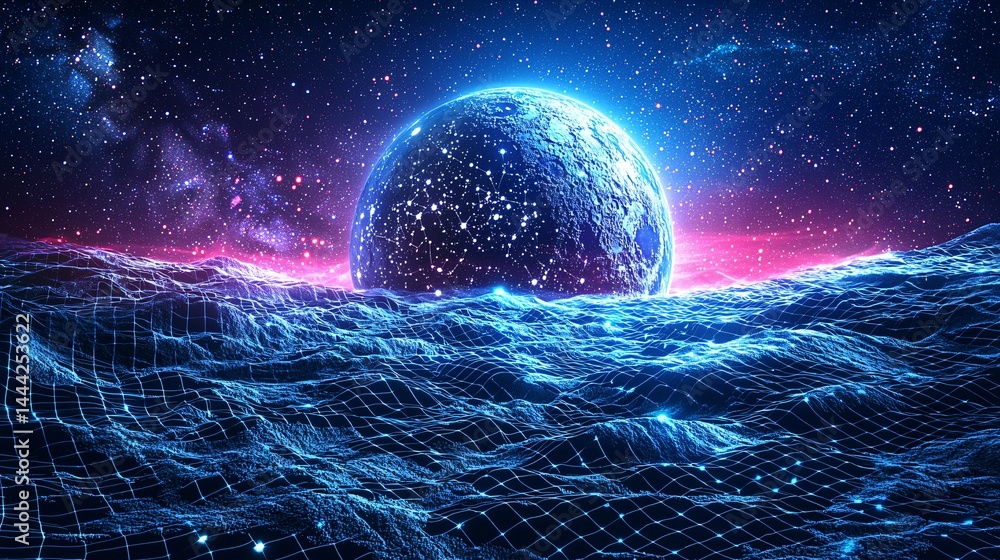 Poster captivating planet in the heart of a colorful nebula surrounded by shimmering stars creating a stunn