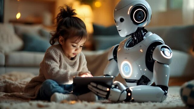 Adorable child interacts with a friendly robot, learning and playing.