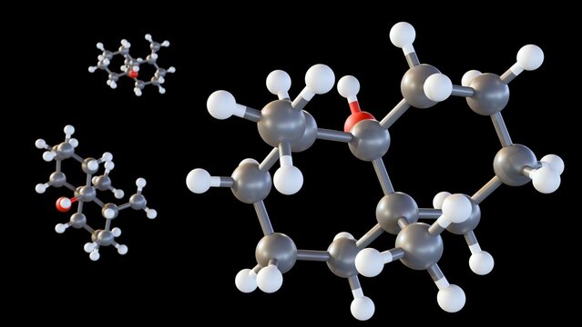 A 3d rendering of isolated floating ball-and-stick model of the geosmin molecule or C12​H22O