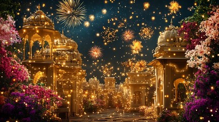 Fototapeta premium Golden pathway at night with fireworks and flowers
