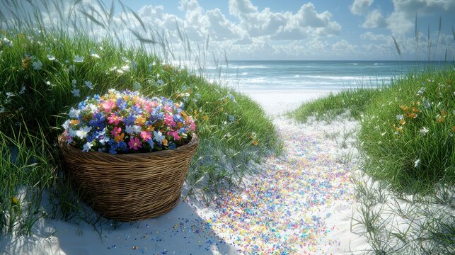Beach path w/ basket of colorful flowers, sunny day