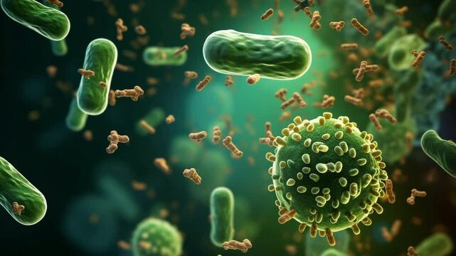 A vibrant close-up of bacteria and viruses showcasing microbial life in detail.