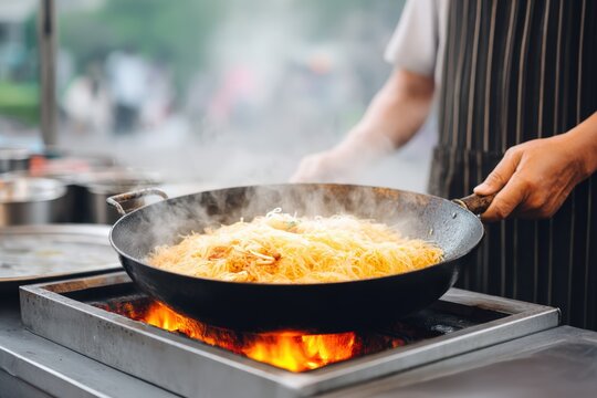 Skilled chef preparing delicious stir-fried noodles in a large wok over an open flame, showcasing culinary expertise and vibrant colors in a bustling outdoor food market setting