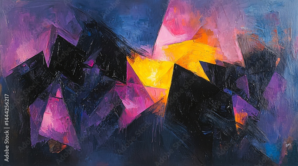 Poster stunning abstract painting of a sunset with crystalline abstractions and moody shadows creating a re