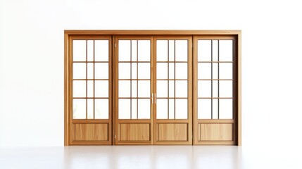 Group of wooden windows with large glass panes and natural wood trim in minimalist style on white background.