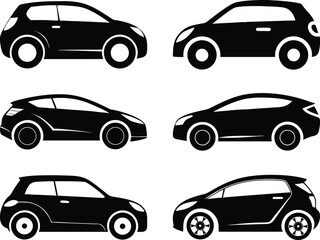 Compact car silhouette side view vector set. Urban hatchback icon collection featuring small city vehicles in black flat style. Editable clipart bundle for transportation themes, web and print design.