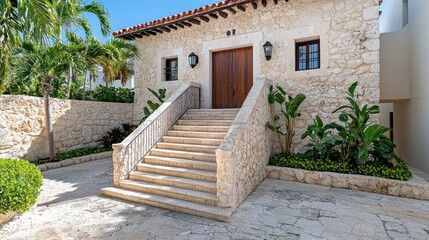Obraz premium Tan Stone House with Wooden Door and Lush Greenery Exterior in Daytime