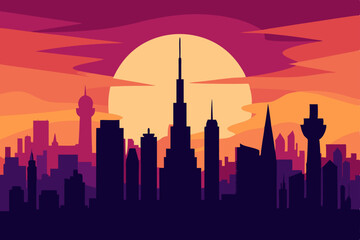 dubai skyline at dramatic sunset