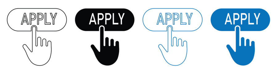 Apply Button Icon Vector Set, Hand Click Outline, Filled Style