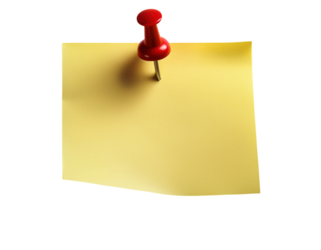 Bright yellow sticky note with a red push pin, ideal for reminders and notes in office or home settings. on transparent background - Powered by Adobe