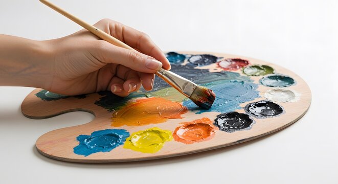 Artist's hand holding a paintbrush over a wooden palette filled with various colors of paint blobs