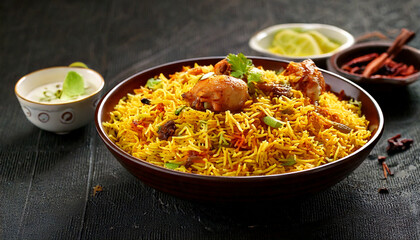 Famous Hydrabadi chicken dum biryani with chicken pieces on the topic served in a plate served with onion raitha closeup with selective focus and blur