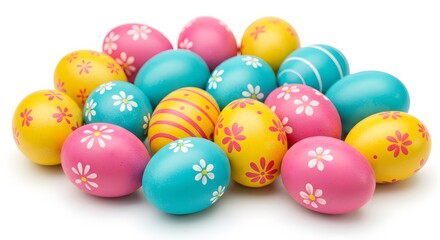 Fototapeta premium A colorful collection of easter eggs decorated with flowers and stripes on a white background close up