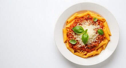A top view of penne pasta with meat sauce parmesan cheese and basil on a white plate and background