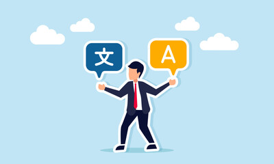 Businessman confused with chat dialog symbols in alphabet and Mandarin on both sides of his hands, illustration of cultural acculturation or globalization in language