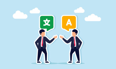 Businessman talking to another businessman, showing chat dialog with alphabet and Mandarin symbols, illustration of cultural acculturation or globalization in language