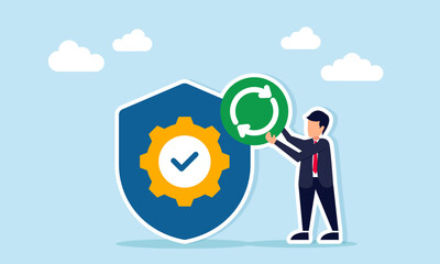 Businessman holding a continuous symbol beside a shield marked with a gear and check mark, illustration of ongoing work protection and insurance