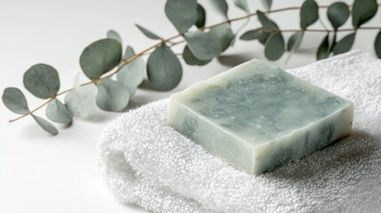 Handmade soap bars with eucalyptus leaves and small towel on white background.