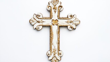 Hand-painted wooden cross with white and gold accents on white background.