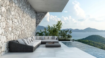 Modern Outdoor Lounge Area with Scenic View Overlooking Pool and Mountain Landscape