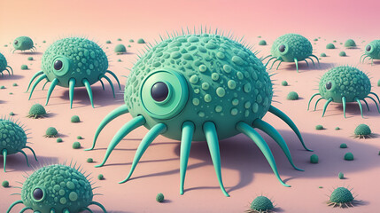 Pastel-toned conceptual illustration of a superorganism affected by nematocide treatment, symbolizing pest control and biological disruption in a surreal microscopic environment