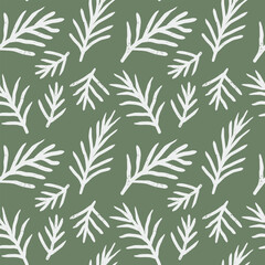 Fototapeta premium A seamless pattern of tropical pine-like leaves drawn in white linear style over a soft green background. Perfect for summer-themed design and fabric prints.