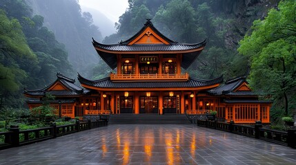 Obraz premium Orange Asian Temple in the Rain with Lush Green Surroundings