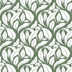 Fototapeta premium A retro-inspired seamless illustration featuring white abstract leaf clusters layered over a green background for a stylish botanical design theme.