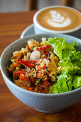 Sambal matah rice bowl, captured on April 30, 2025. Steamed rice served with flavorful chicken and Balinese raw chili relish, delivering a spicy, fresh, and aromatic Indonesian taste