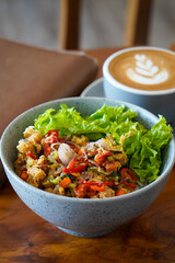 Sambal matah rice bowl, captured on April 30, 2025. Steamed rice served with flavorful chicken and Balinese raw chili relish, delivering a spicy, fresh, and aromatic Indonesian taste