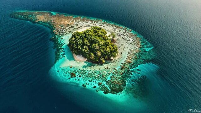 Aerial view of serene tropical island with clear turquoise water, lush vegetation, and sandy beaches, showcasing natures vibrant landscape and tranquil beauty.