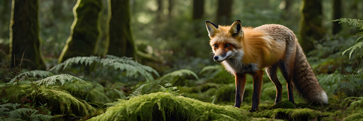 Fototapeta premium Enchanting Red Fox Portrait Amidst Verdant Forest A Captivating Glimpse into Wildlife Serenity in a Lush Woodland Setting with Mossy Trees and Ferns