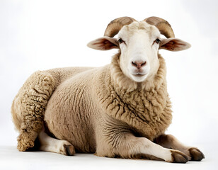 Fototapeta premium Portrait full body shot of a sheep or ram sitting in front of a white background. Eid al-Adha is a sacrifice animal in Muslim belief. A beautiful sheep on white.