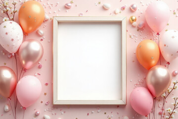 beautiful happy birthday card with balloons and photo frame 