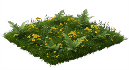 Patch of Wildflowers and Ferns on Green Grass