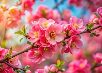 Obraz premium Stunning Pink Japanese Quince Blossom Close-Up: Abstract 3D Rendered Landscape Photography