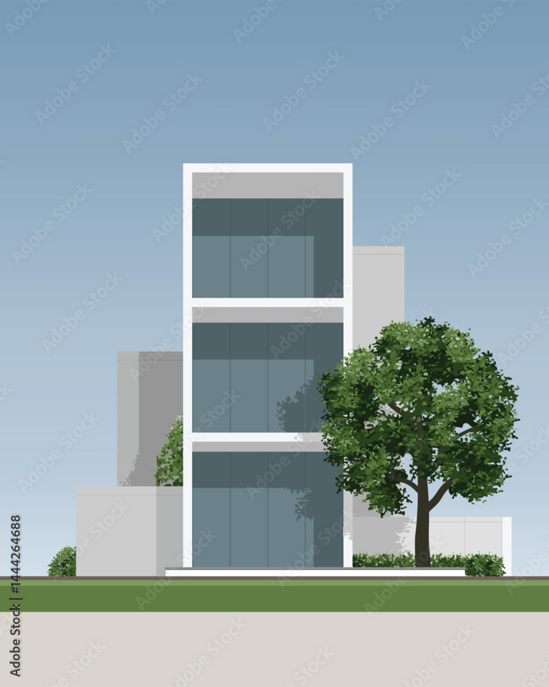 Aufkleber abstract 3d building. vector house exterior in minimal style with green tree. architecture schematic
