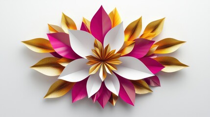 Fototapeta premium Radiant geometric flower shapes in shimmering gold and fuchsia tones, spreading outward on a sleek white backdrop.