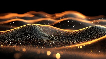 Golden, glowing particle waves flow