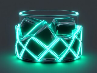 Futuristic glowing ice in a glass, abstract design on gray background