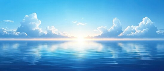 Calm ocean sunrise, fluffy clouds, website banner