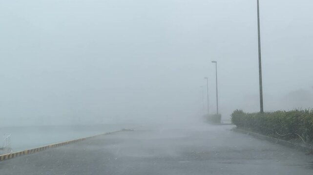Sheets Of Heavy Rain Sweep Across Harbor During Hurricane - Khanun