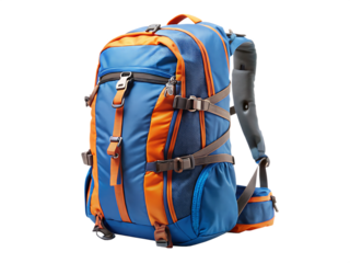 A blue and orange backpack isolated on white background PNG