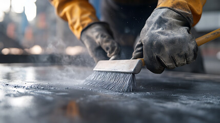 Worker Sweeping Industrial Surface with Brush