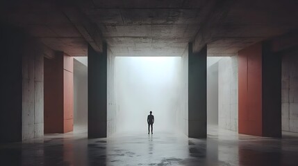 Solitary Figure Standing in an Abstract Architectural Space with Soft Light Effects